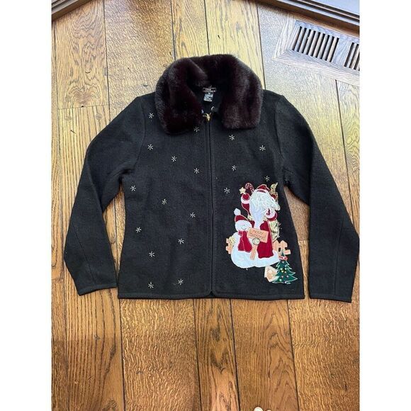 Lisa International Women’s M Black Boiled Wool Zip Jacket w/ Santa Ugly Sweater - Picture 1 of 7